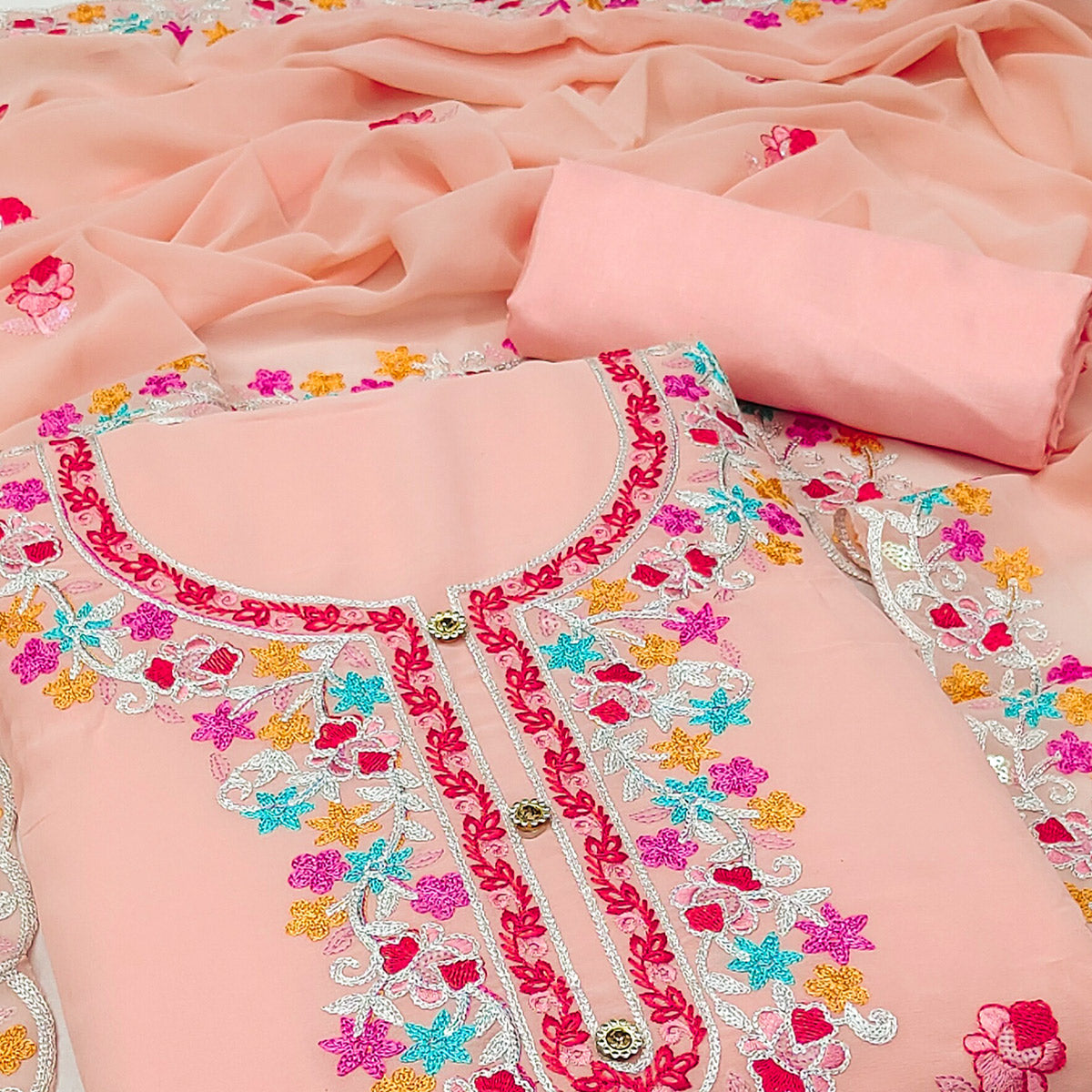 Peach Floral Embroidered Georgette Dress Material