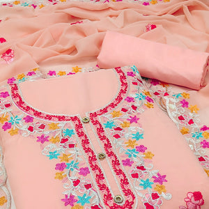 Peach Floral Embroidered Georgette Dress Material