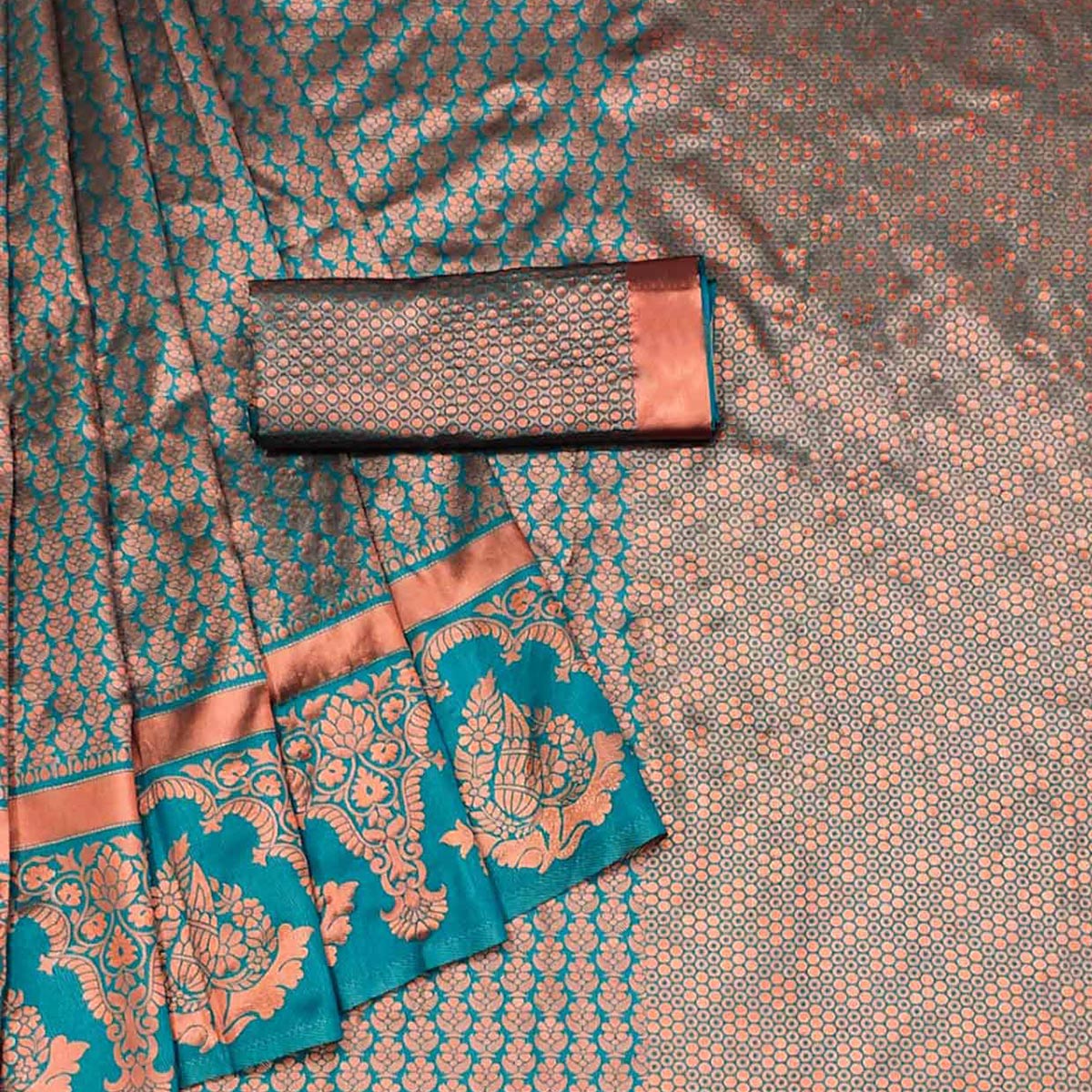 Rama Blue Floral Woven Banarasi Silk Saree