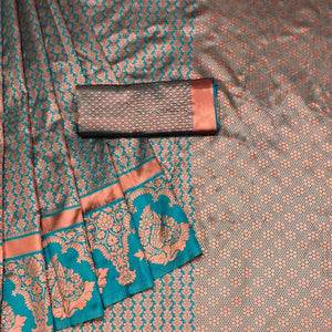 Rama Blue Floral Woven Banarasi Silk Saree
