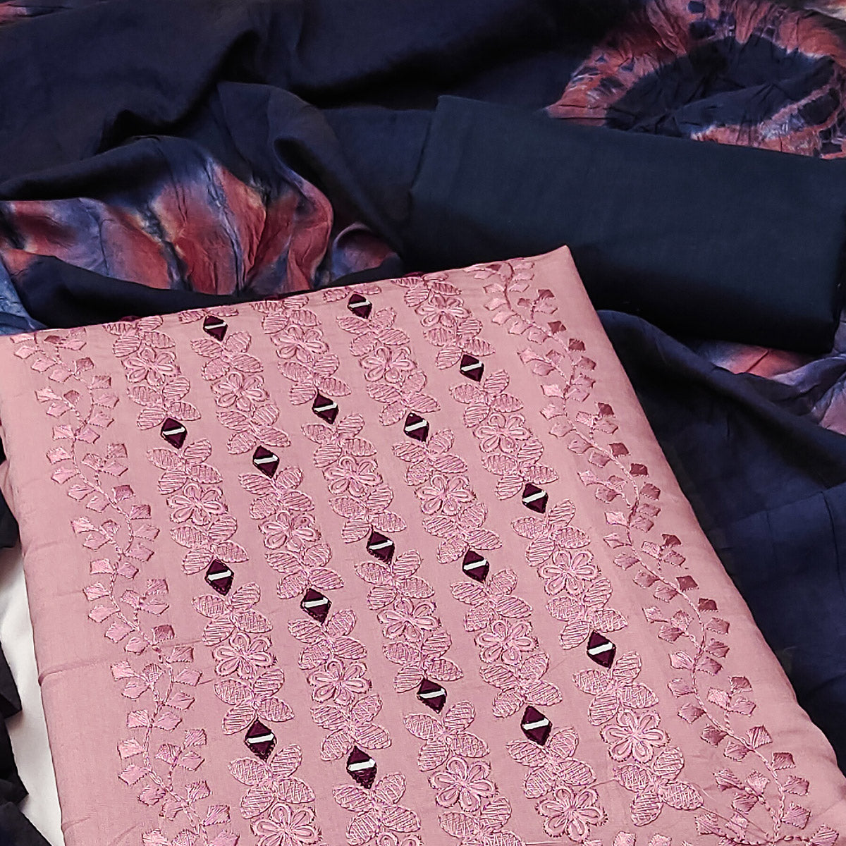 Mauve Floral Embroidered Viscose Dress Material