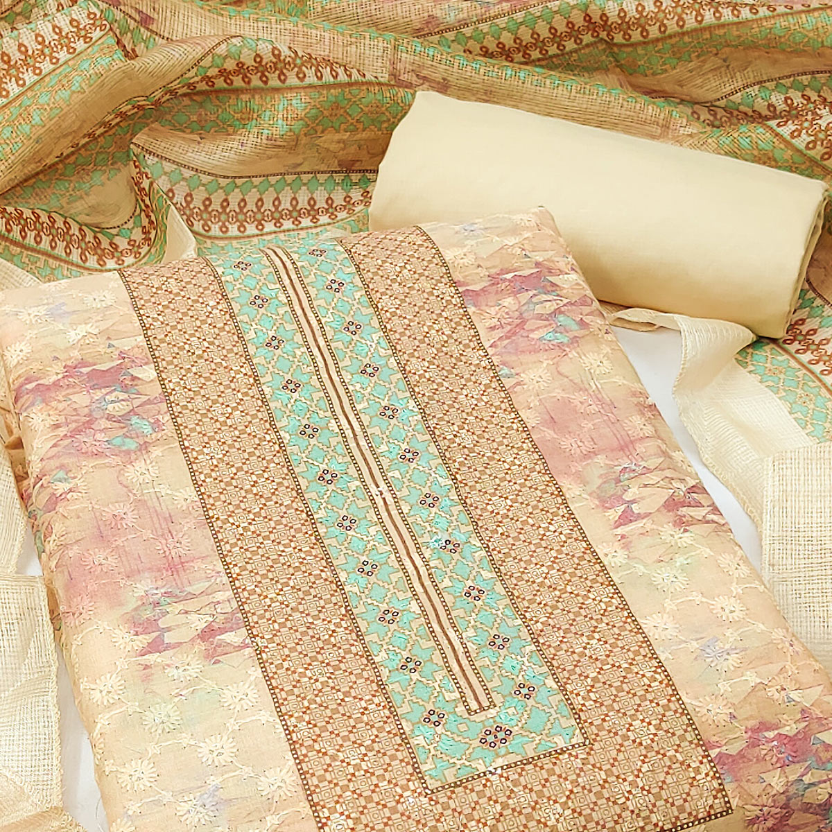Yellow Embroidered With Printed Cotton Blend Dress Material