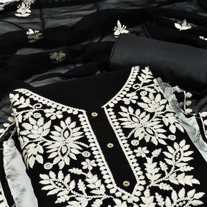 Black Floral Embroidered Georgette Dress Material
