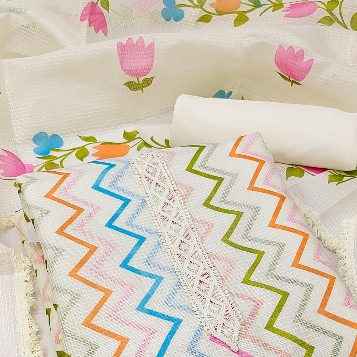 Off White Printed Kota Doria Dress Material