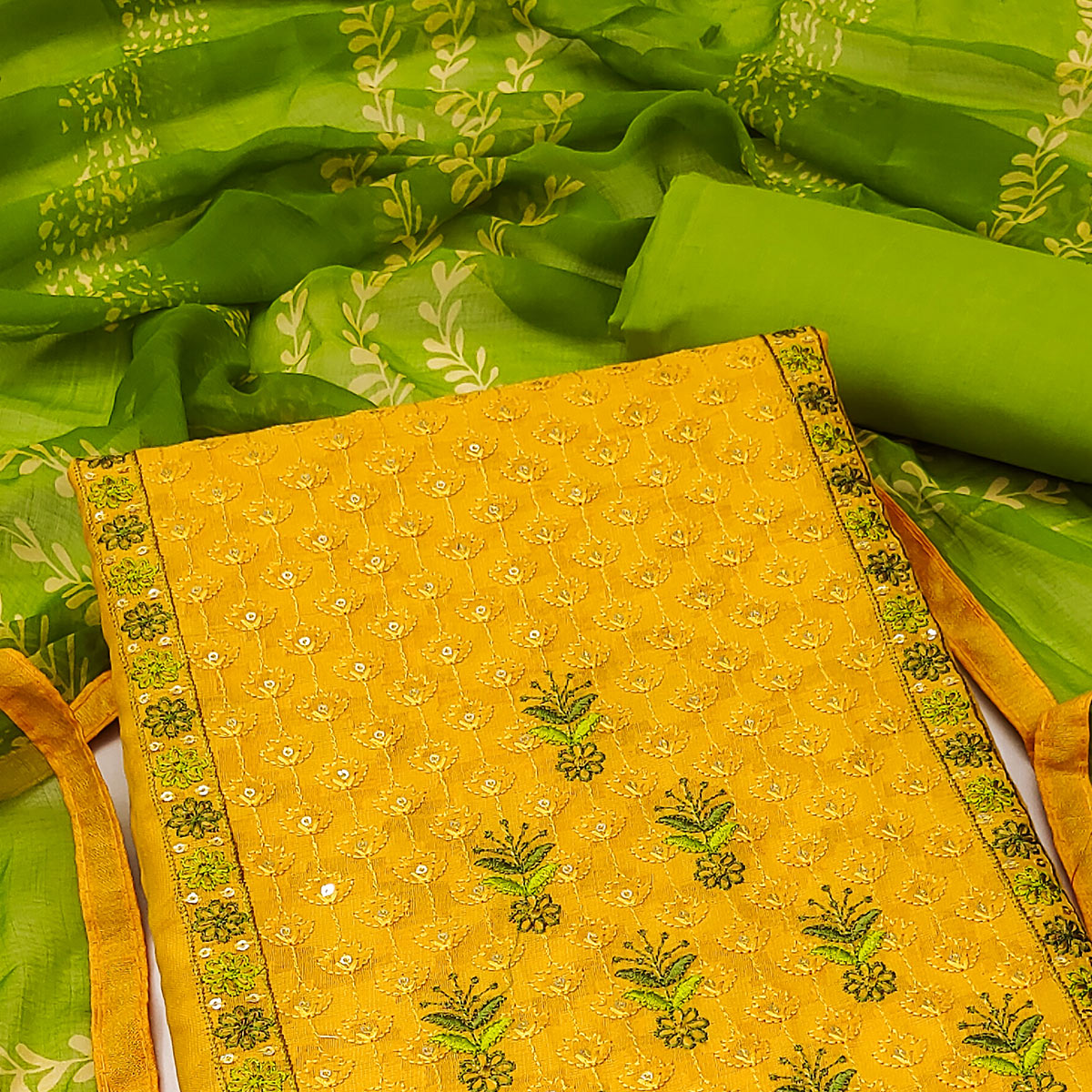 Yellow Sequins Floral Embroidered Pure Cotton Dress Material