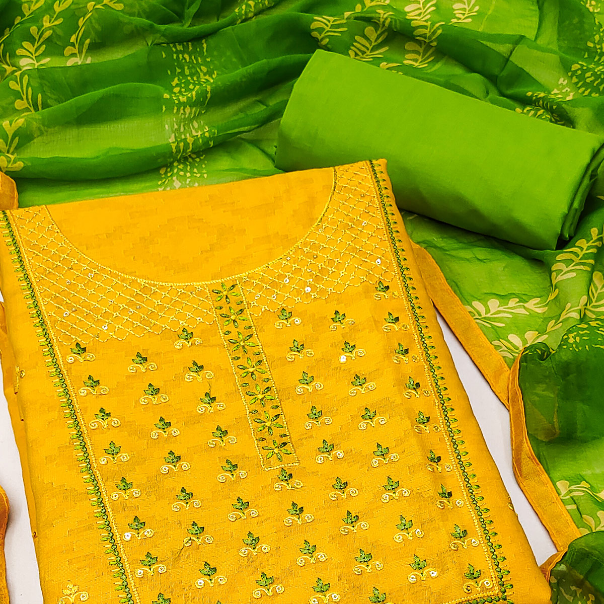 Yellow Sequins Floral Embroidered Pure Cotton Dress Material