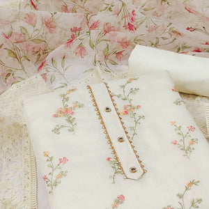 Off White Sequins Floral Embroidered Chanderi Dress Material