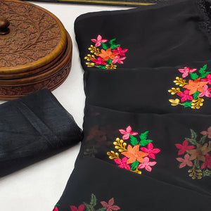 Black Floral Embroidered Chiffon Saree