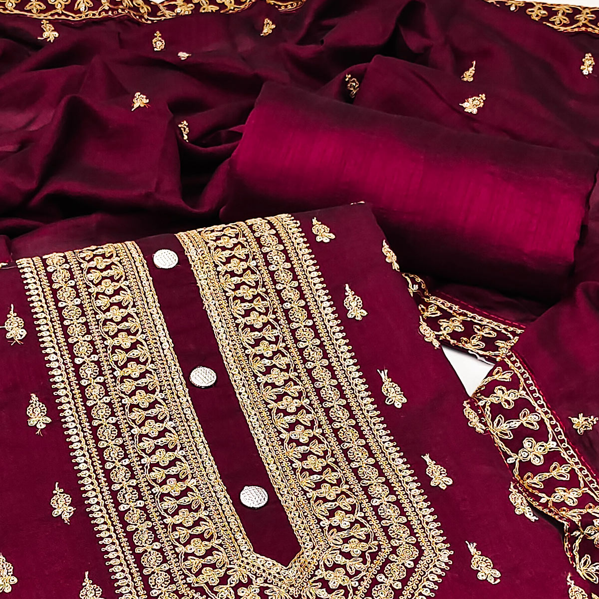 Maroon Sequins Embroidered Vichitra Silk Dress Material
