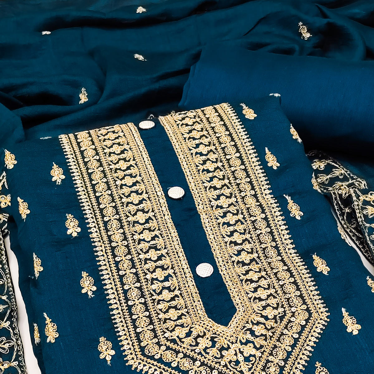 Morpich Sequins Embroidered Vichitra Silk Dress Material