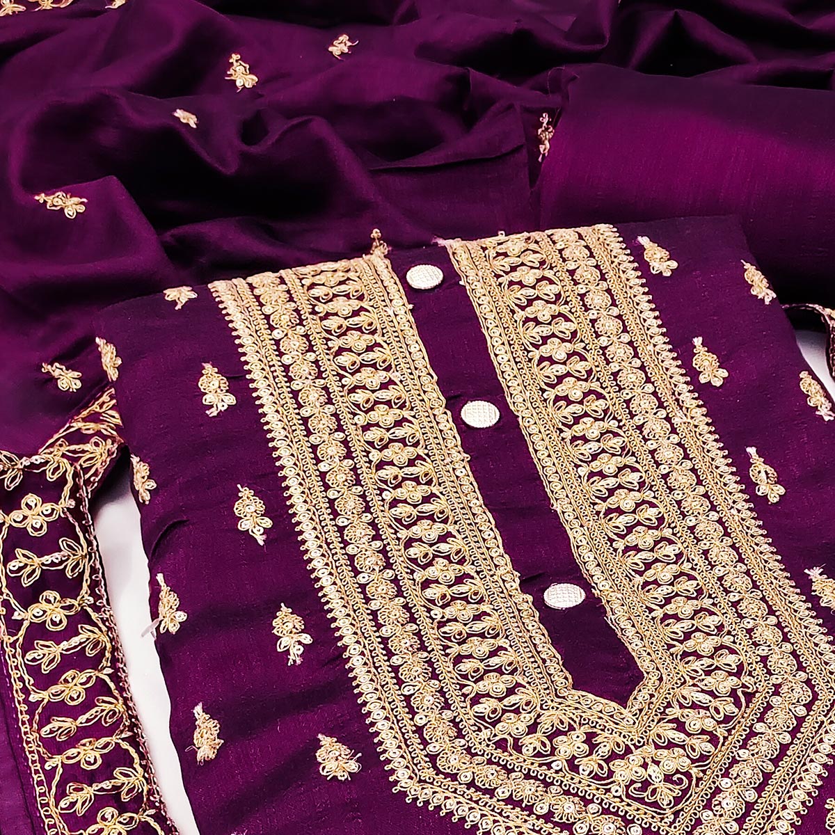 Wine Sequins Embroidered Vichitra Silk Dress Material