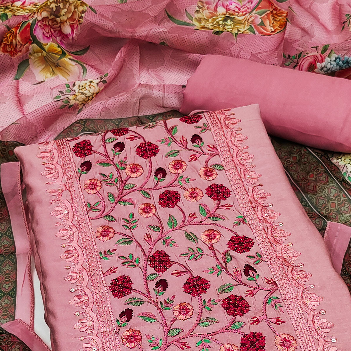 Pink Floral Embroidered Viscose Dress Material
