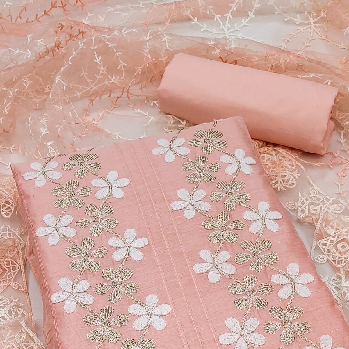 Peach Floral Embroidered Chanderi Dress Material
