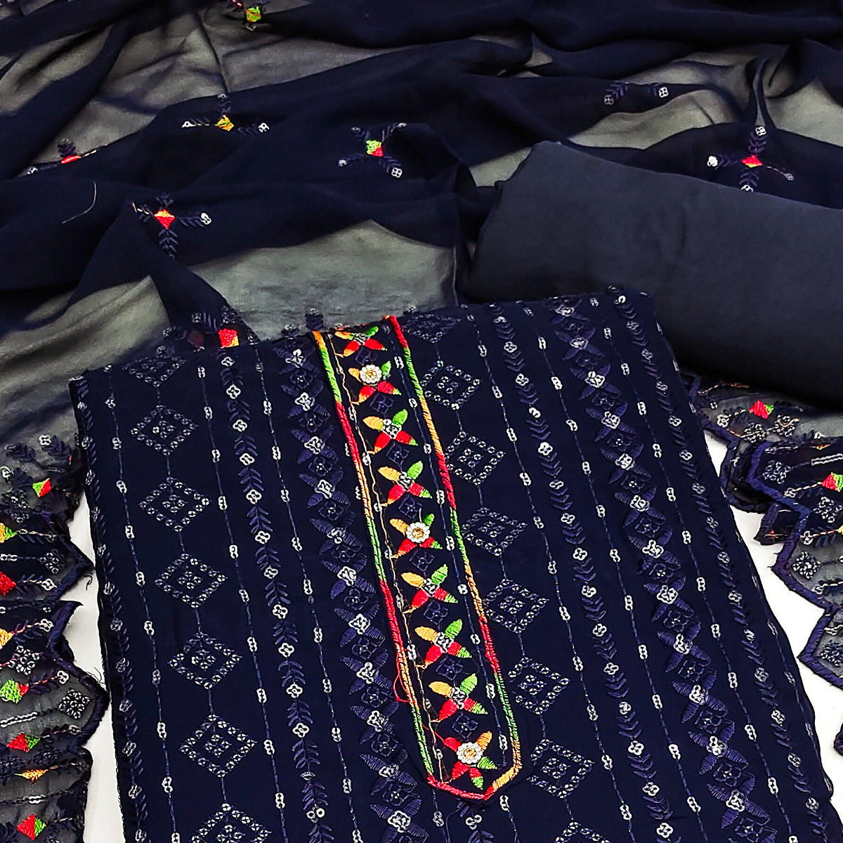 Blue Sequins Embroidered Georgette Dress Material