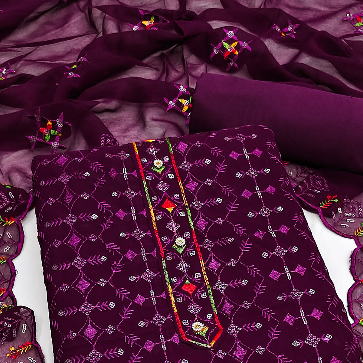 Purple Sequins Embroidered Georgette Dress Material