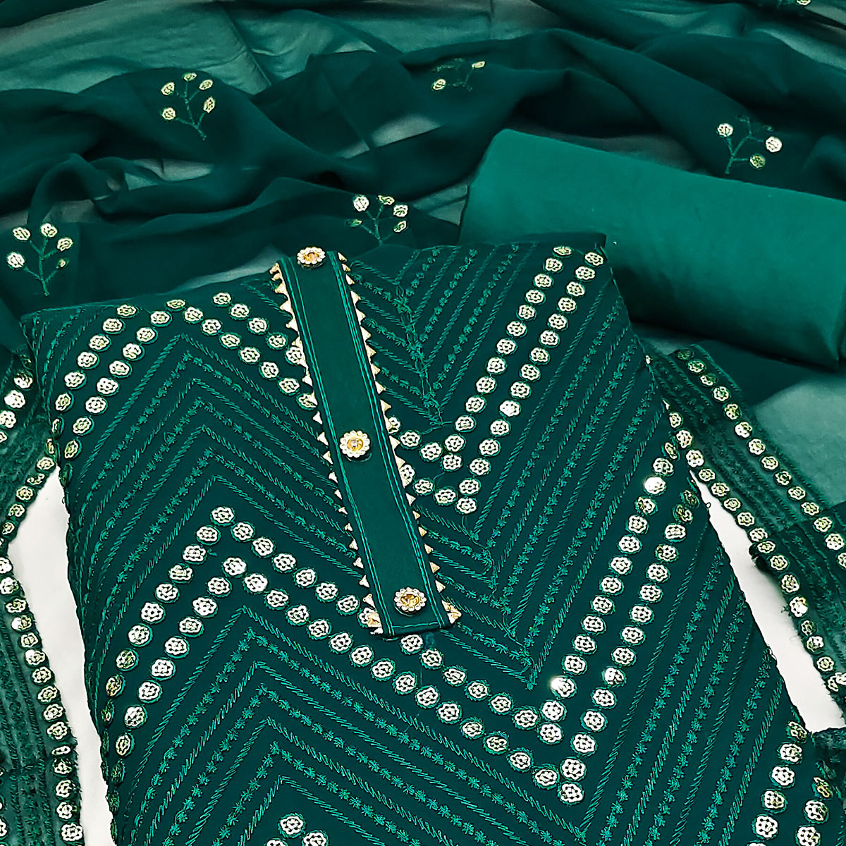 Green Sequins Embroidered Georgette Dress Material