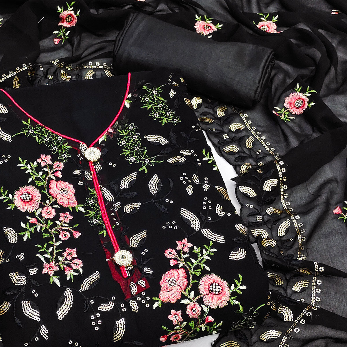 Black Sequins Embroidered Georgette Dress Material