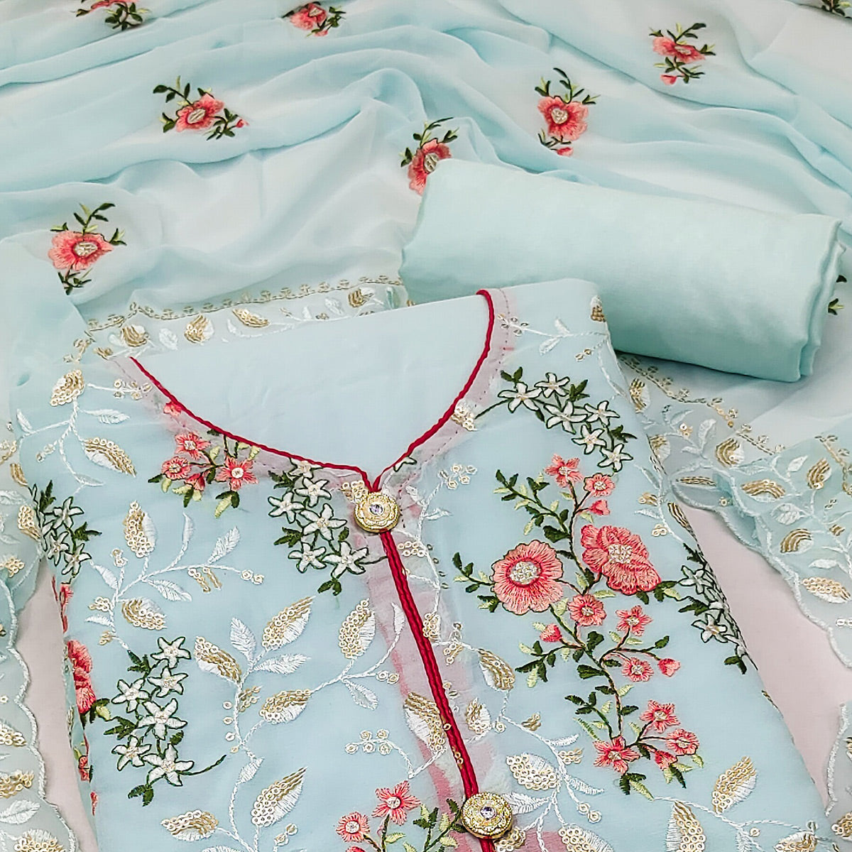 Blue Sequins Embroidered Georgette Dress Material