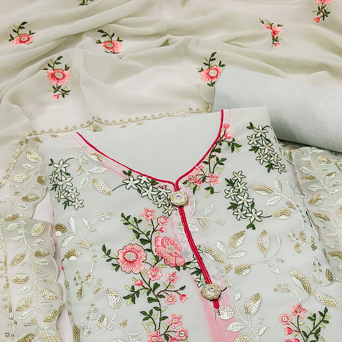 Off White Sequins Embroidered Georgette Dress Material