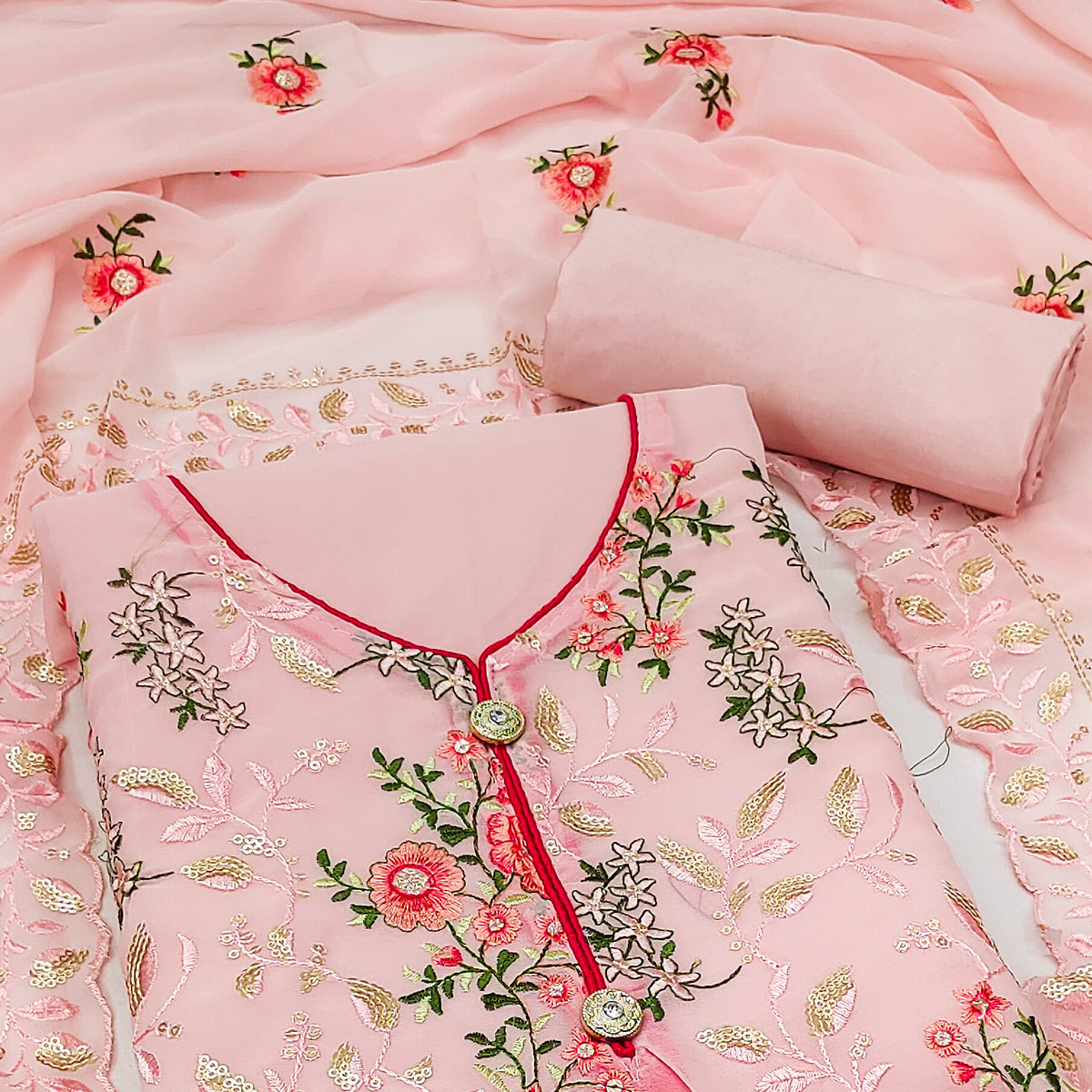 Pink Sequins Embroidered Georgette Dress Material