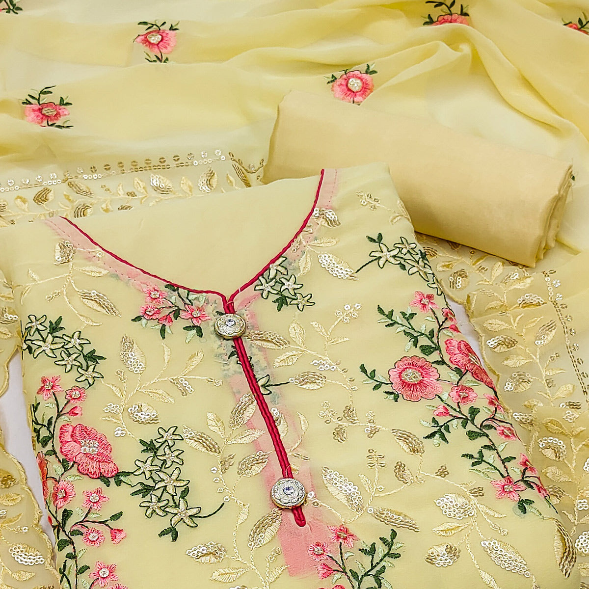 Yellow Sequins Embroidered Georgette Dress Material