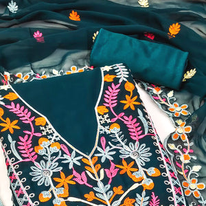 Teal Floral Embroidered Georgette Dress Material