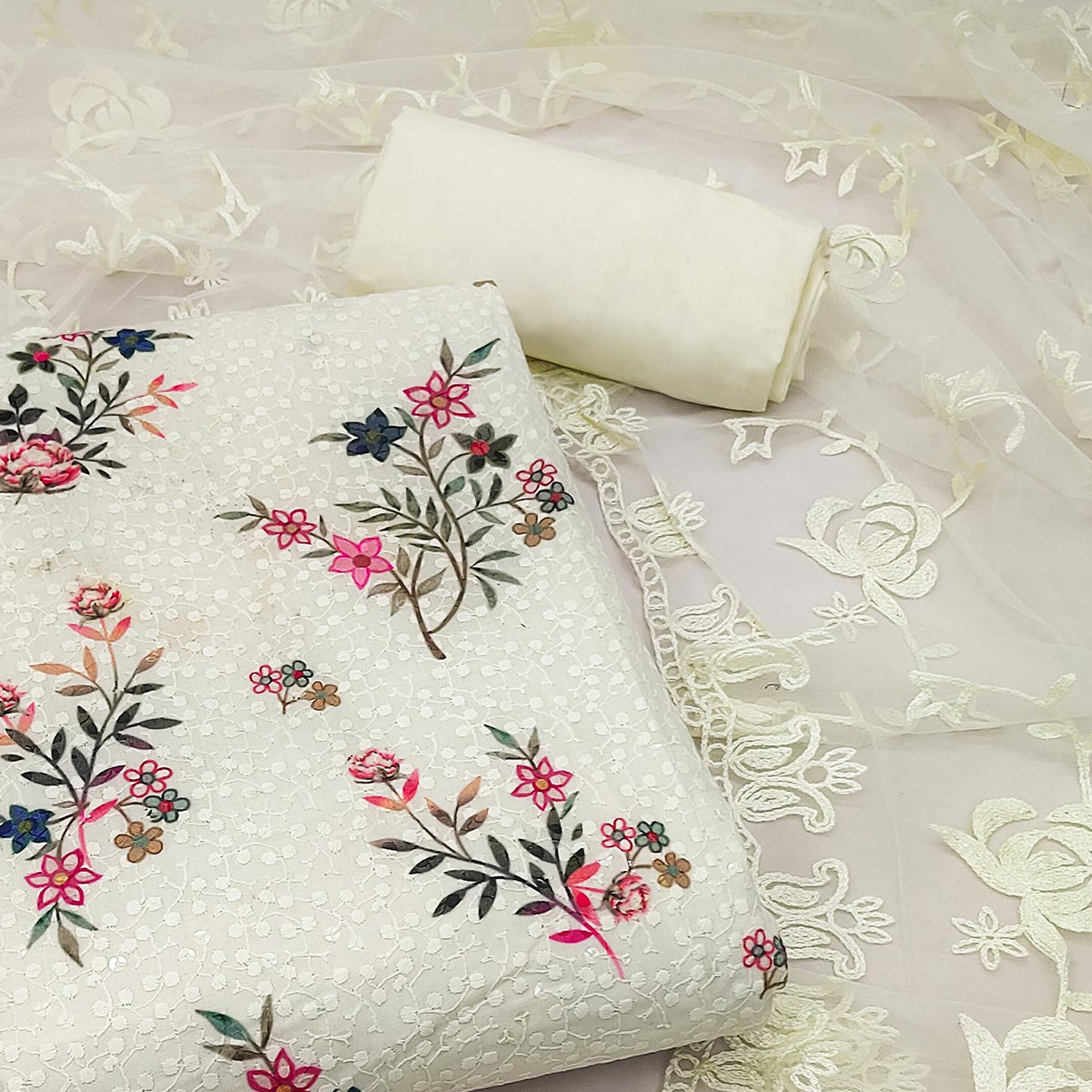 Off White Lucknowi With Printed Cotton Dress Material