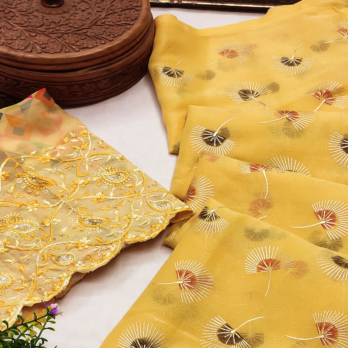 Yellow Floral Embroidered Chiffon Saree