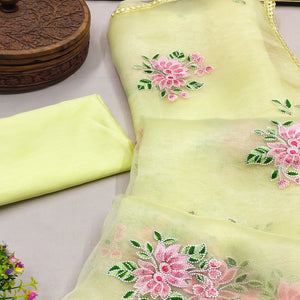 Yellow Floral Embroidered Organza Saree
