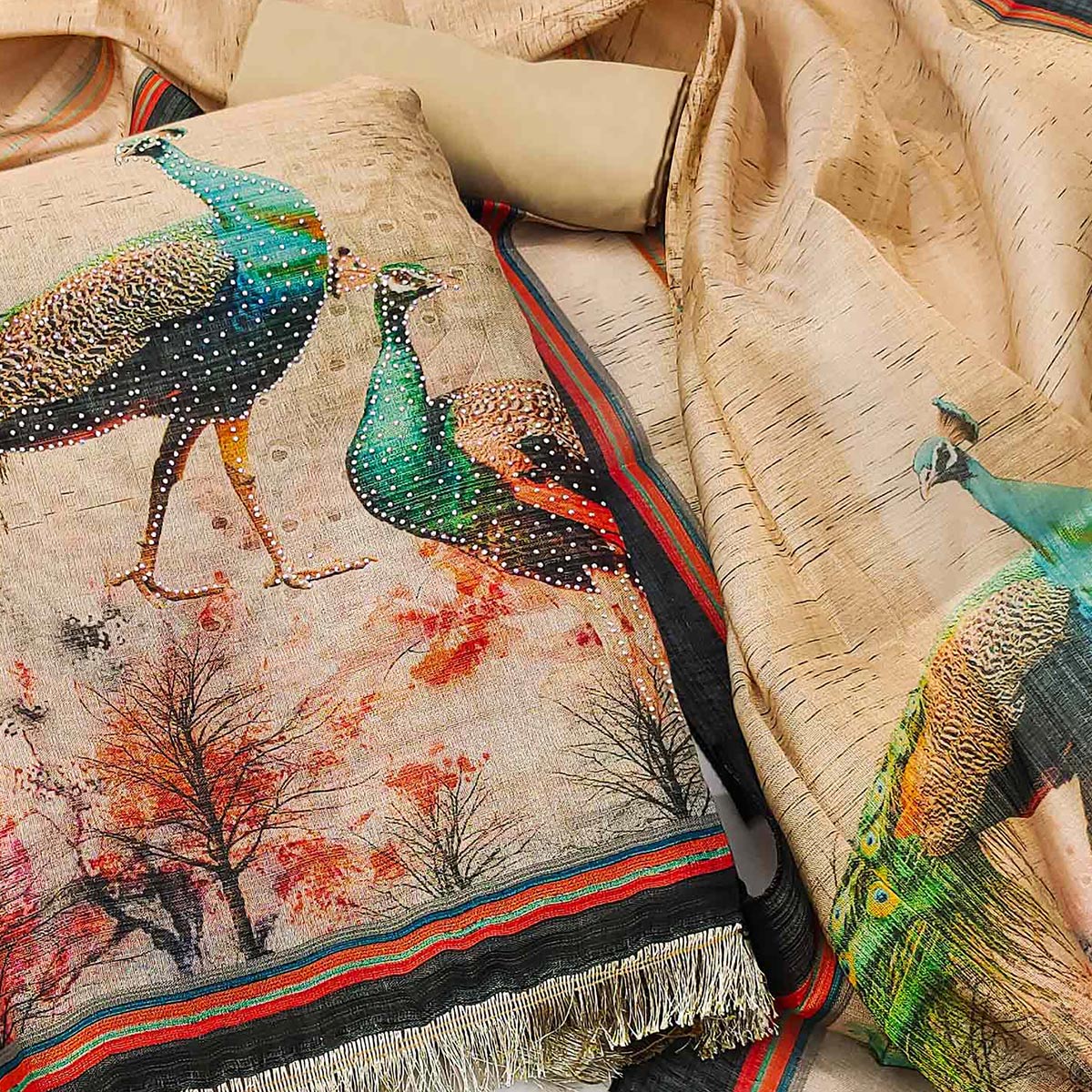 Beige Digital Printed Tussar Silk Dress Material