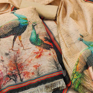 Beige Digital Printed Tussar Silk Dress Material
