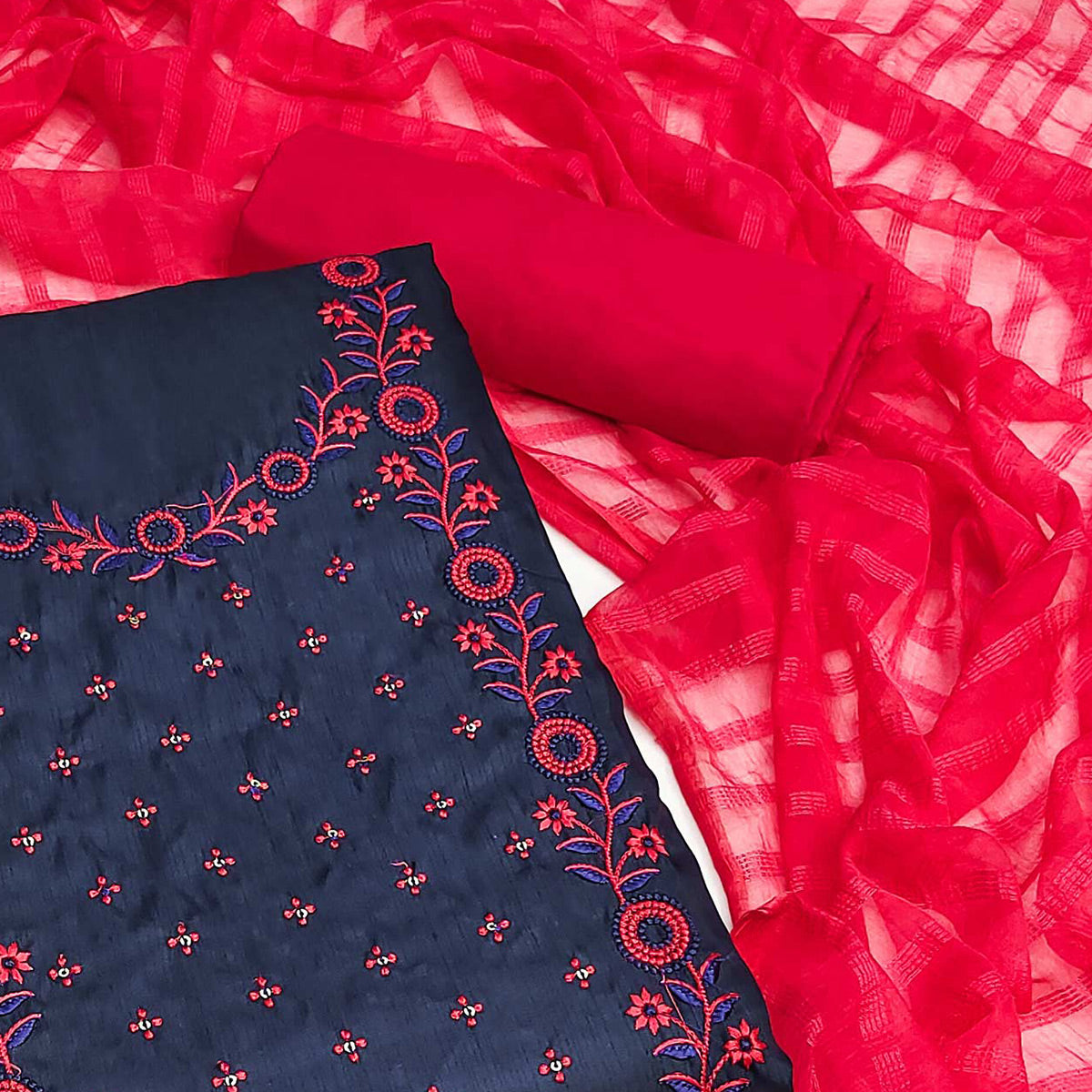 Navy Blue Embroidered Art Silk Dress Material