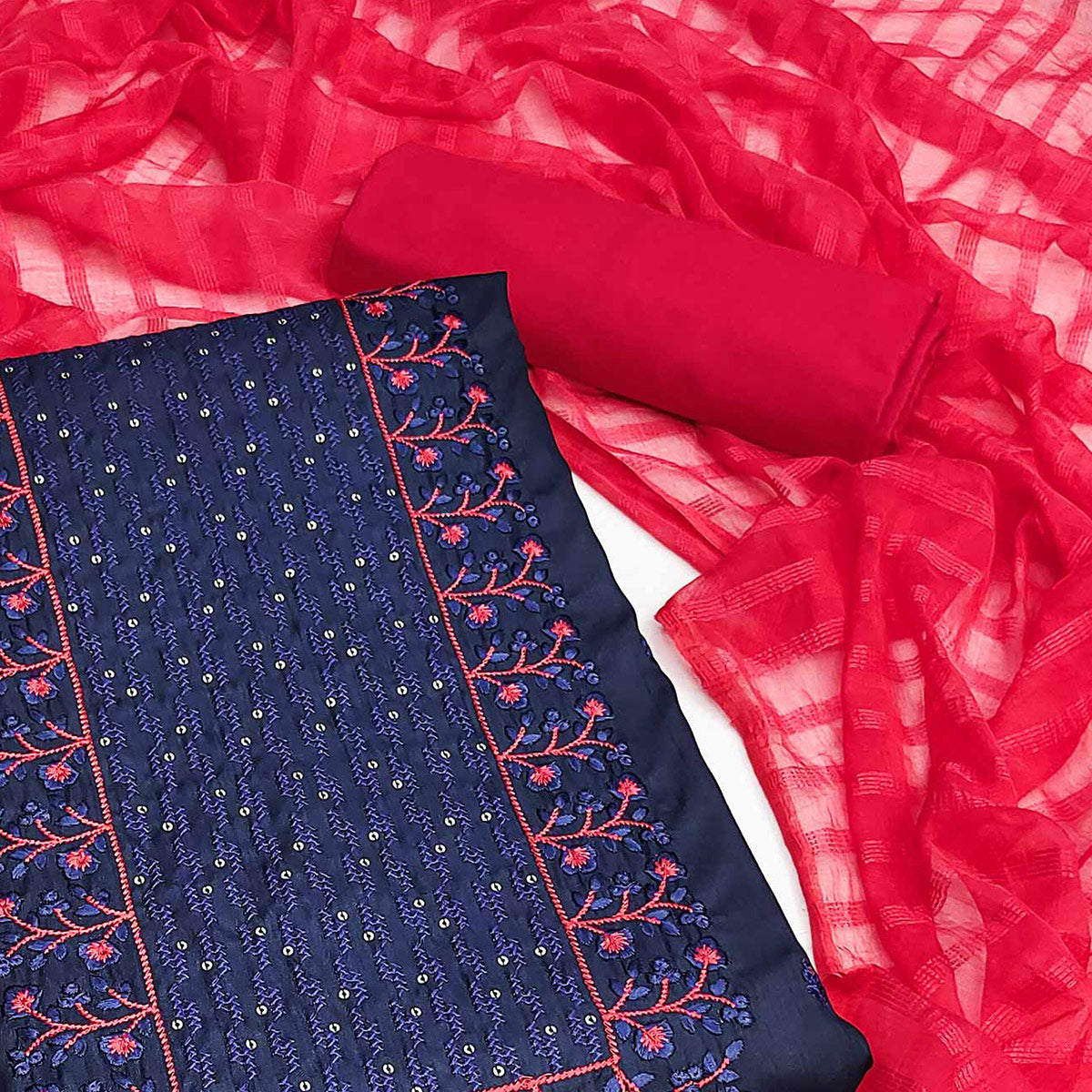 Navy Blue Embroidered Art Silk Dress Material