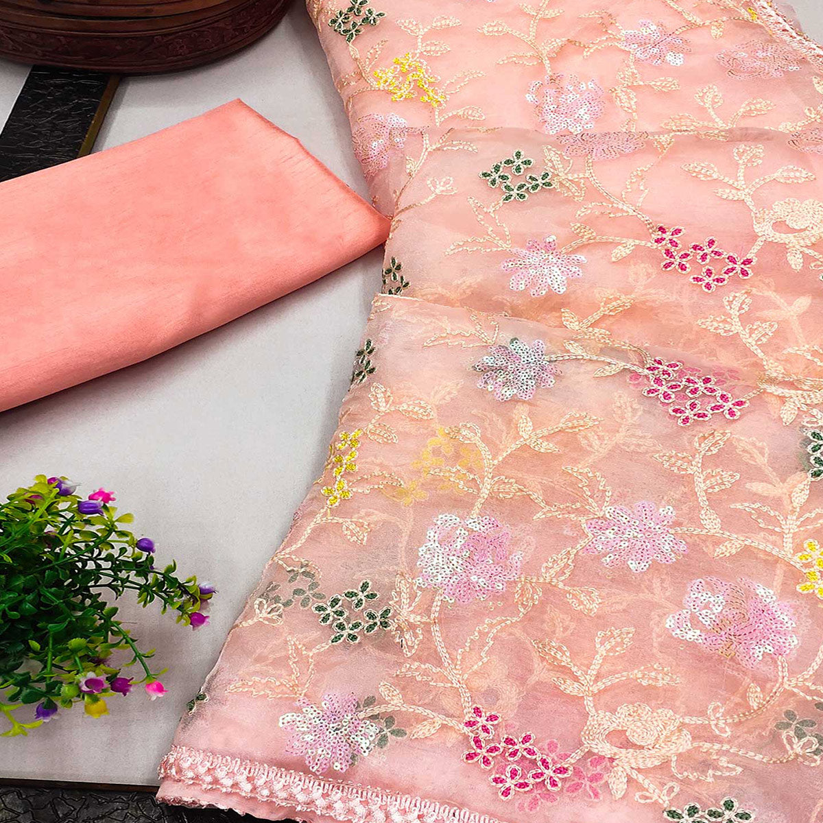 Peach Floral Embroidered Organza Saree