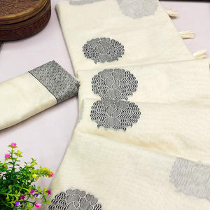Off White Woven Pure Cotton Saree With Tassels