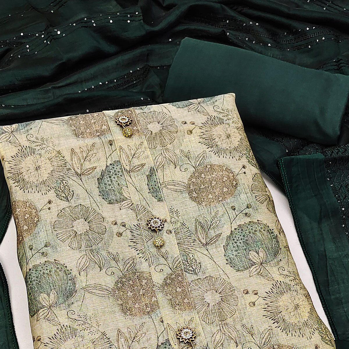 Cream Floral Printed Cotton Silk Dress Material