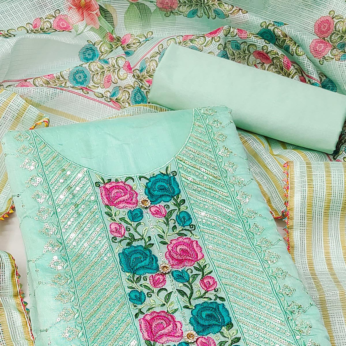 Turquoise Embroidered Chanderi Dress Material