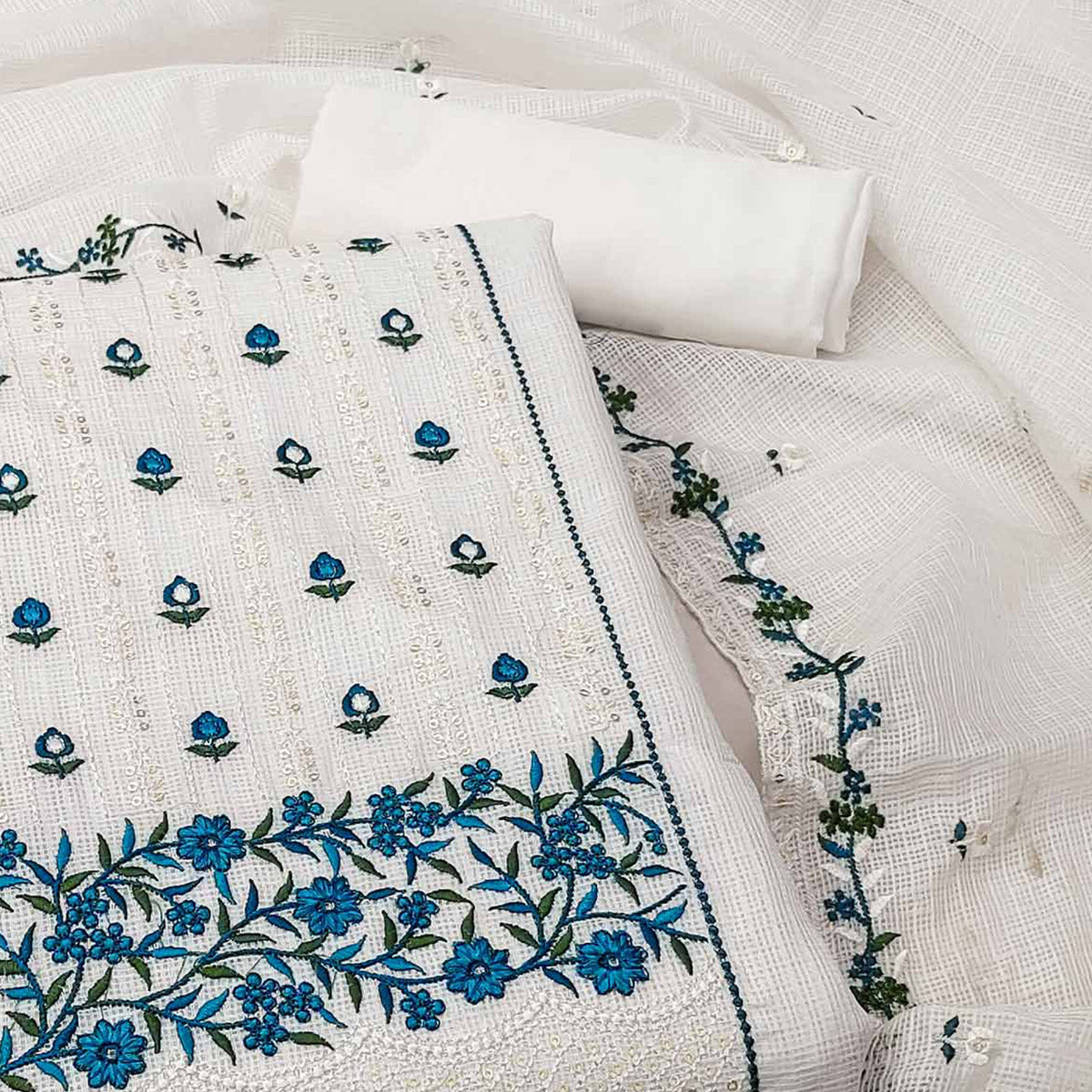 White & Teal Blue Floral Sequins Embroidered Kota Doria Dress Material