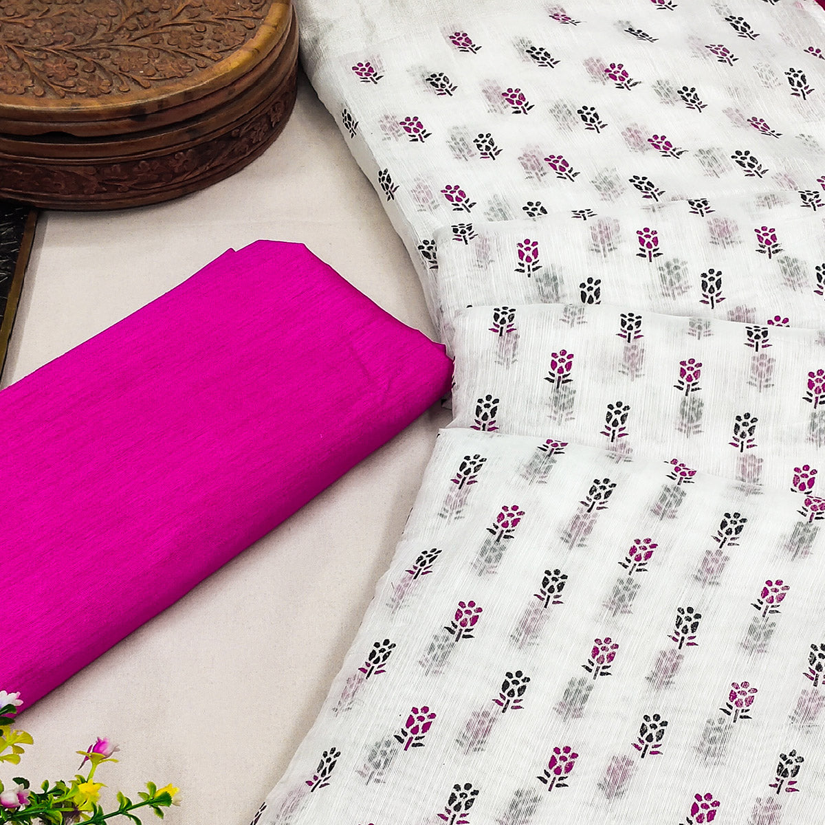 White & Pink Floral Printed Linen Saree With Tassels
