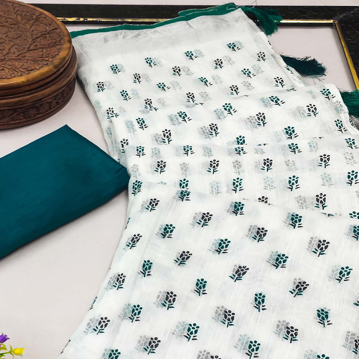 White & Teal Green Floral Printed Linen Saree With Tassels