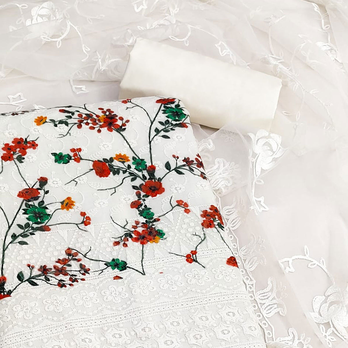 Off White Lucknowi With Embroidered Cotton Blend Dress Material