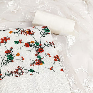 Off White Lucknowi With Embroidered Cotton Blend Dress Material