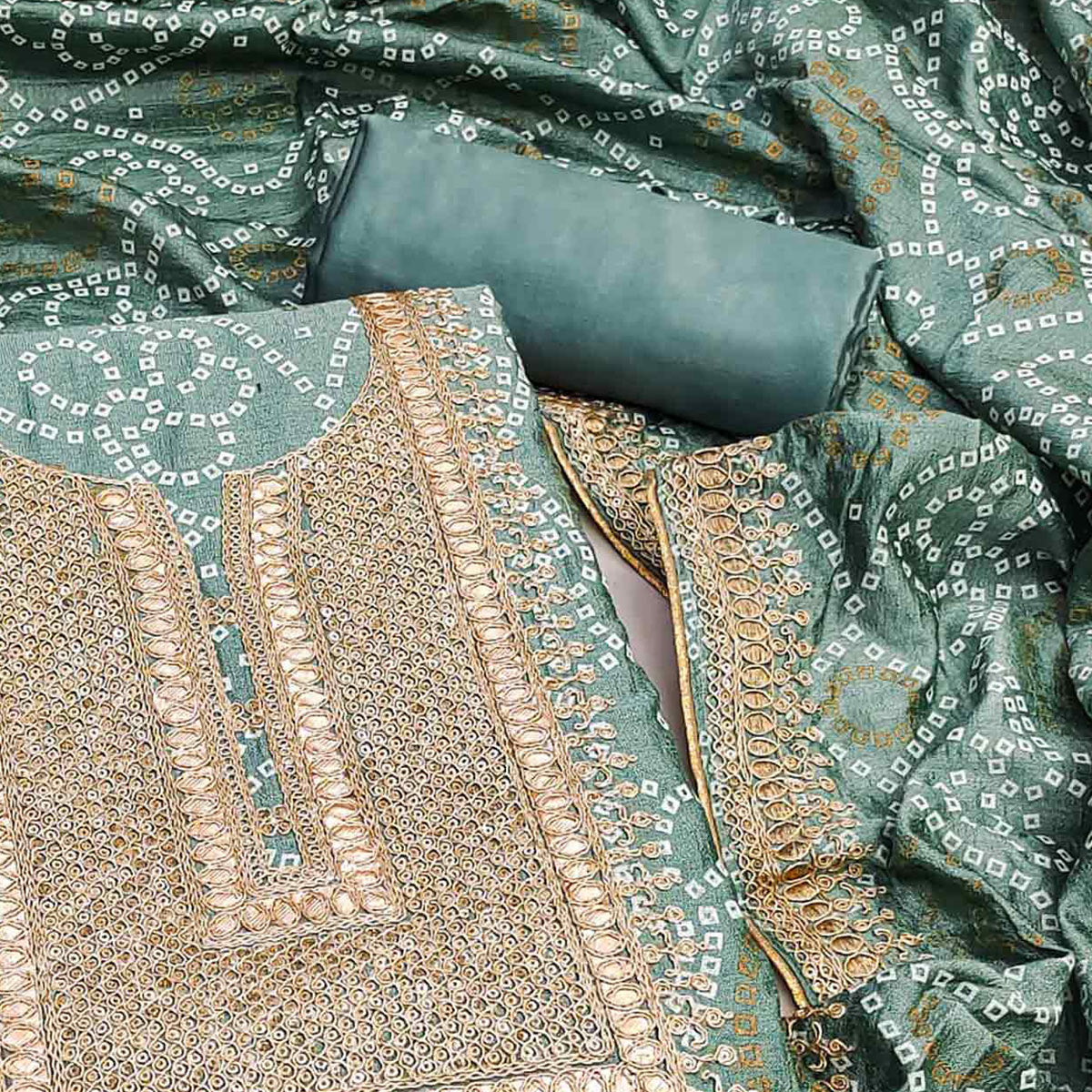 Green Bandhani Printed With Embroidered Vichitra Silk Dress Material