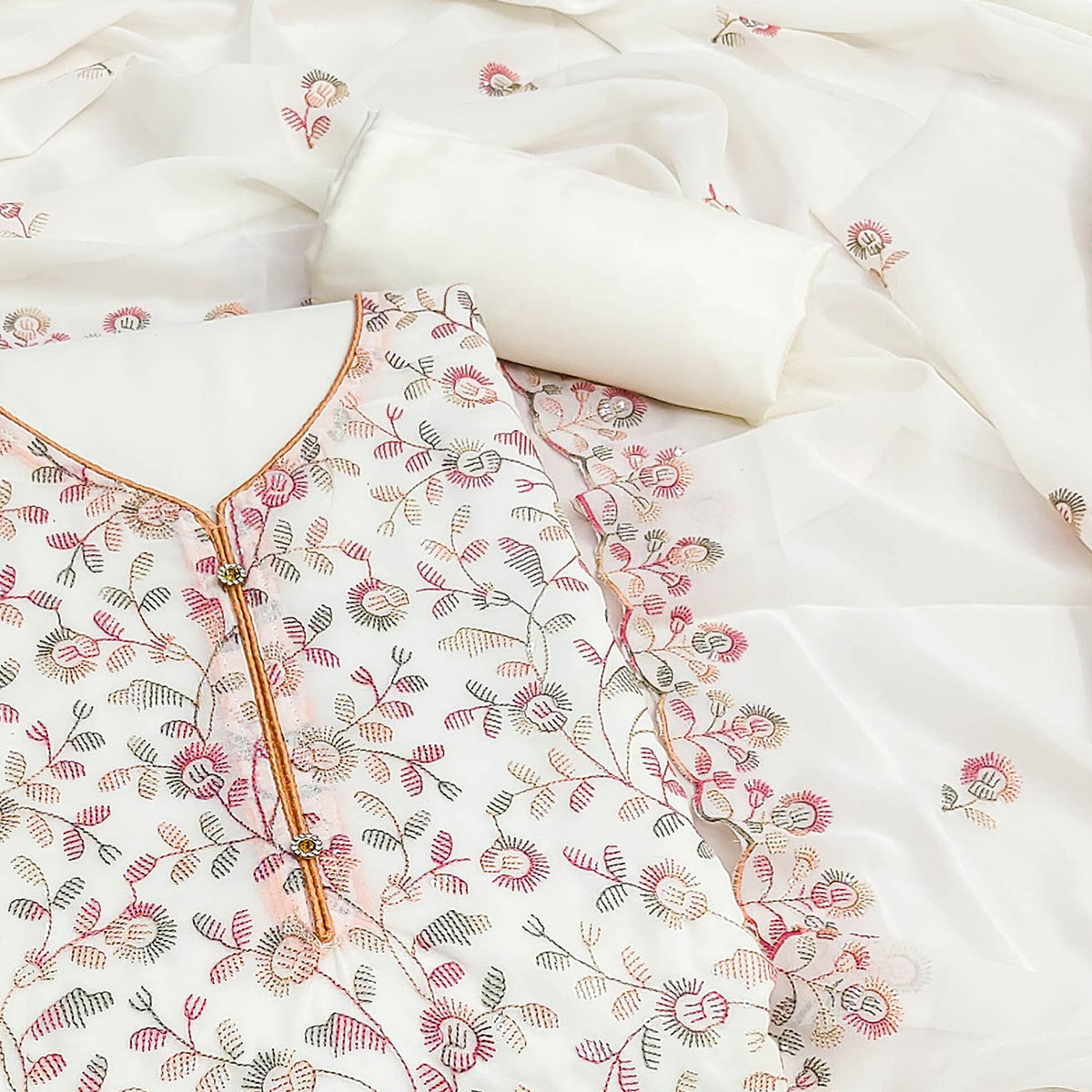 Off White Floral Embroidered Georgette Dress Material