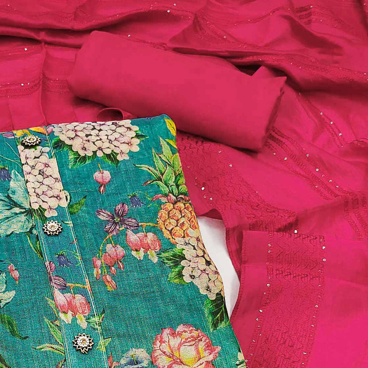 Sea Green Floral Printed Cotton Silk Dress Material