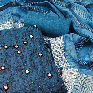 Blue Embroidered Pure Cotton Dress Material