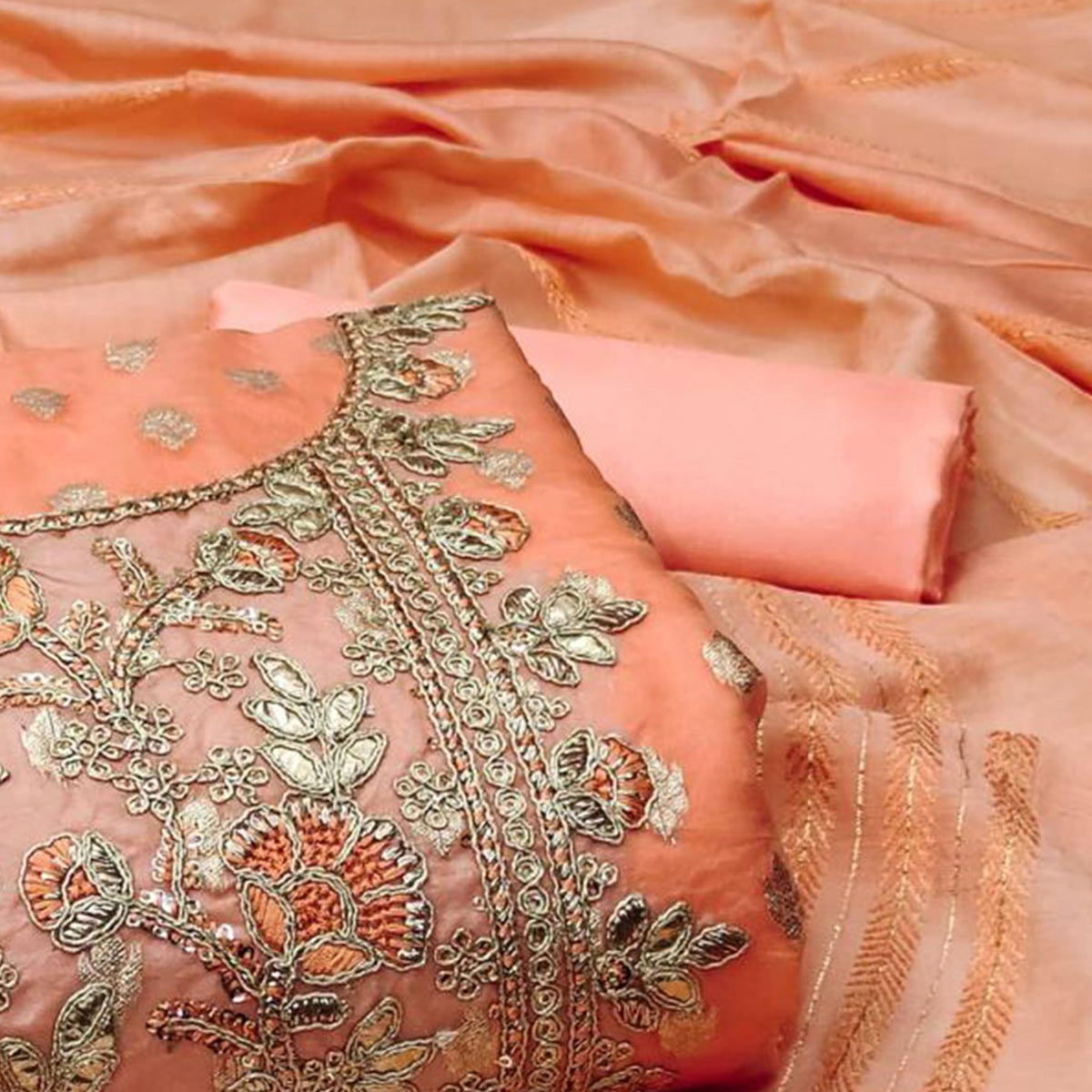 Orange Woven Jacquard Dress Material