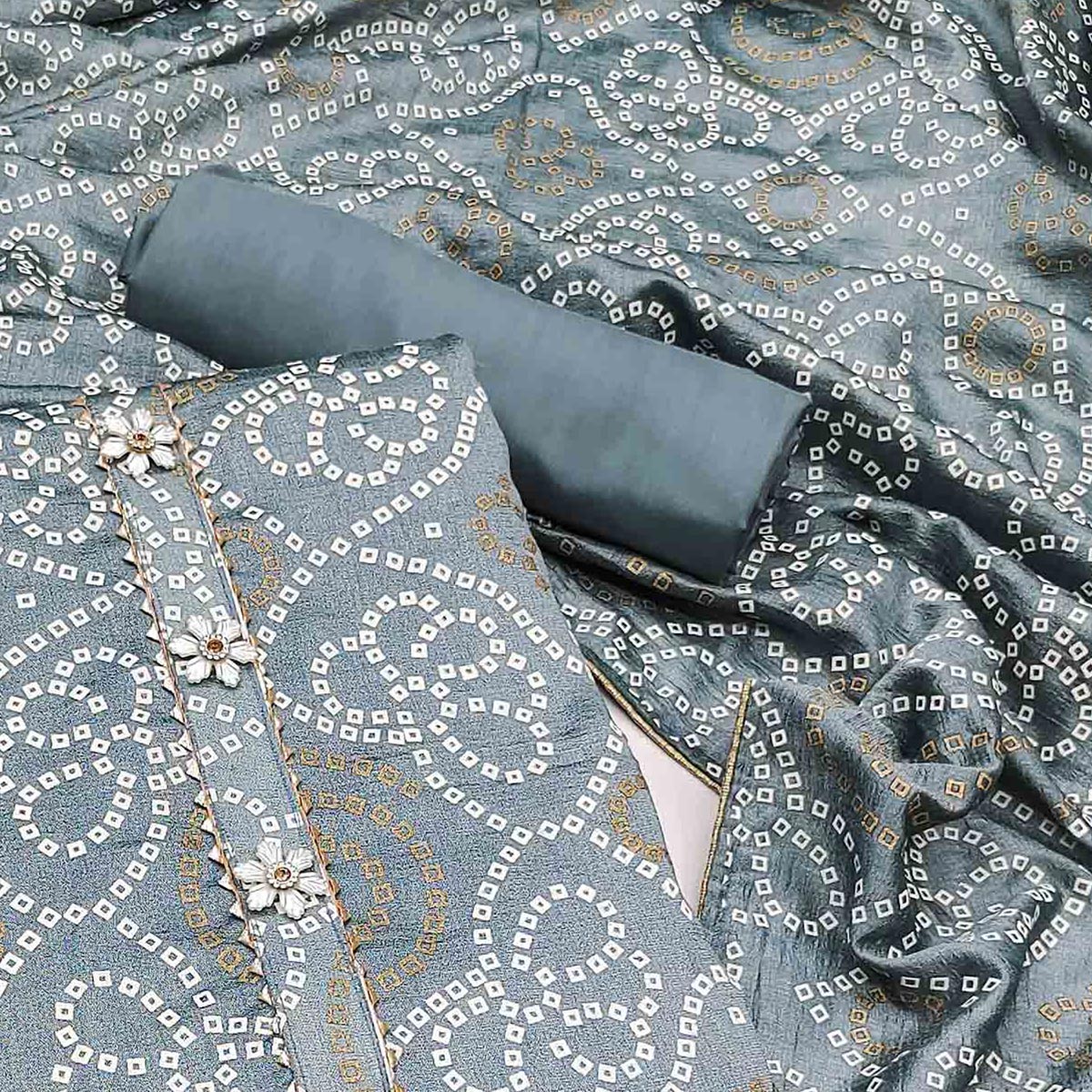 Grey Bandhani Printed Vichitra Silk Dress Material