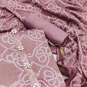Mauve Bandhani Printed Vichitra Silk Dress Material