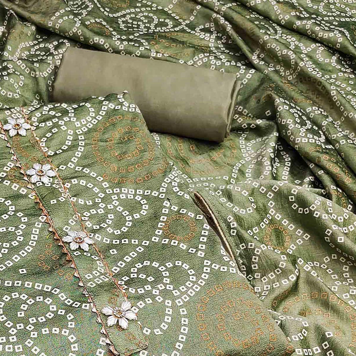 Mehandi Green Bandhani Printed Vichitra Silk Dress Material